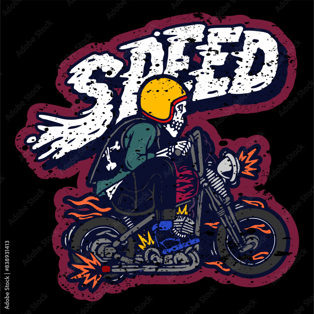 Fototapeta premium vector illustration artwork of gangster bikers skeleton skull riding motorbike high speed with text lettering typography. Can be used as Logo, Brands, Mascots, tshirt, sticker,patch and Tattoo design.