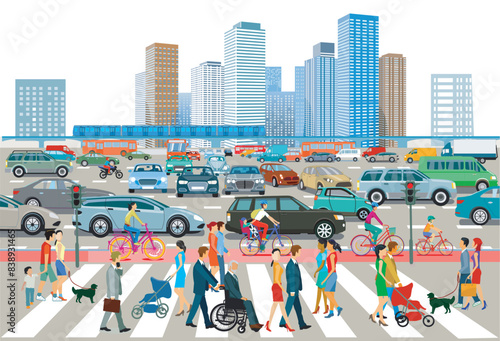 Stadtsilhouette einer Großstadt mit Verkehrs-Stau  und Personen, auf dem Zebrastreifen illustration  