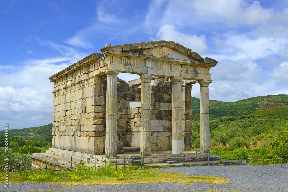 The Doric temple-like functioned as Mausoleum - The archaeological site of Ancient Messene, Peloponnese, Greece. Ancient Messene was founded in 369 BC. UNESCO World Heritage Site tentative list The Doric temple-like functioned as Mausoleum - The archaeological site of Ancient Messene, Peloponnese, Greece. Ancient Messene was founded in 369 BC. UNESCO World Heritage Site tentative list