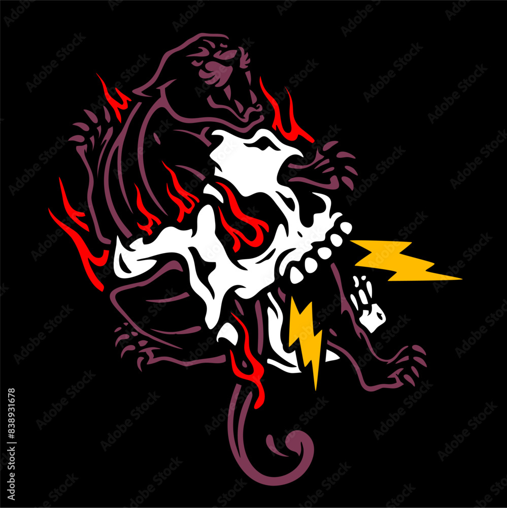 vector illustration tracing artwork of a skull head and panther burning flame. Can be used as Logo, Brands, Mascots, tshirt, sticker,patch and Tattoo design.