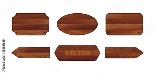 Vector realistic dark brown wooden plaque set. Wood texture rectangle, round, arrow signboard isolated on white. 3d empty aged wooden frame for game sign, natural timber banner, menu, vintage message.
