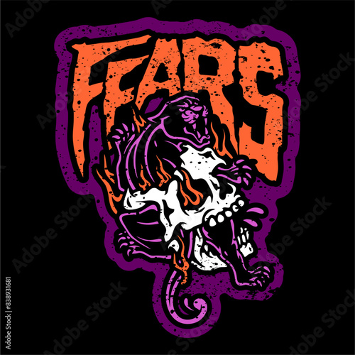 vector illustration tracing artwork of a skull head and panther burning flame with text lettering typography. Can be used as Logo, Brands, Mascots, tshirt, sticker,patch and Tattoo design.