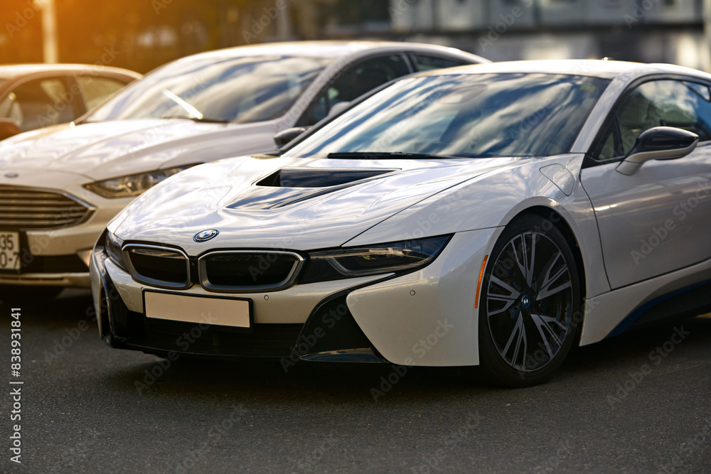 Minsk, Belarus. May 11, 2024. BMW I8 plug-in hybrid front view, modern ...