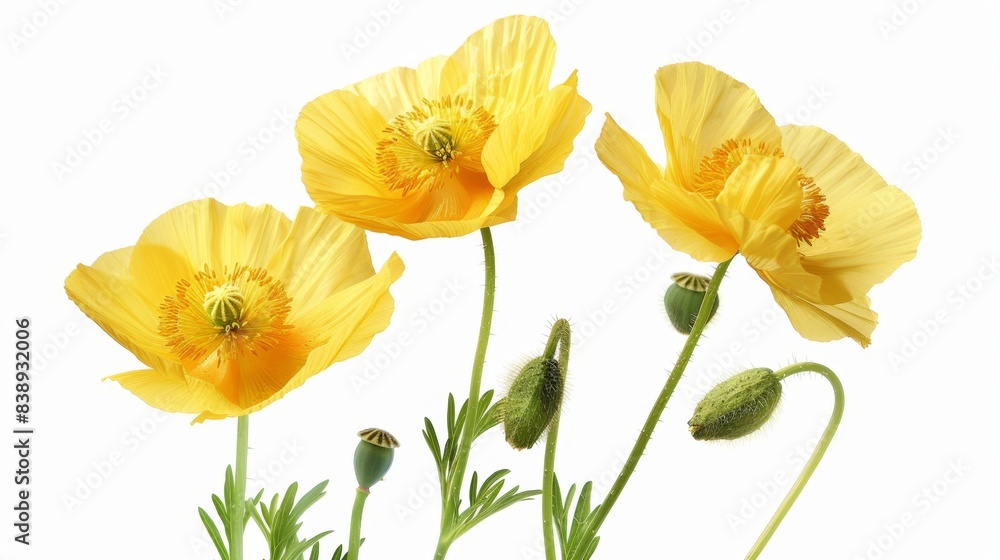 Obraz premium Yellow Poppies with Buds and Seed Pods on White Background, Generative AI