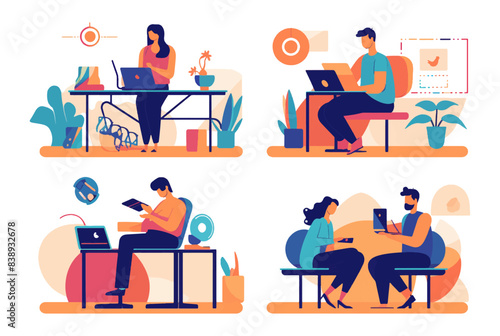 Working at home, co working space, concept illustration. Young people, man and woman freelancers working on laptops and computers at home. People at home in quarantine. Vector flat style