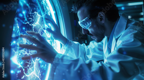 A scientist in a white coat and goggles examining an energy tank with blue light inside