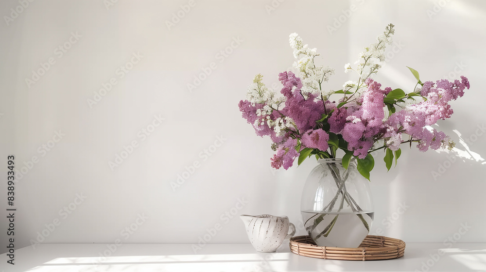 A stunning arrangement of purple and white flowers lilac  in a glass vase exudes a sense of tranquility and beauty.
