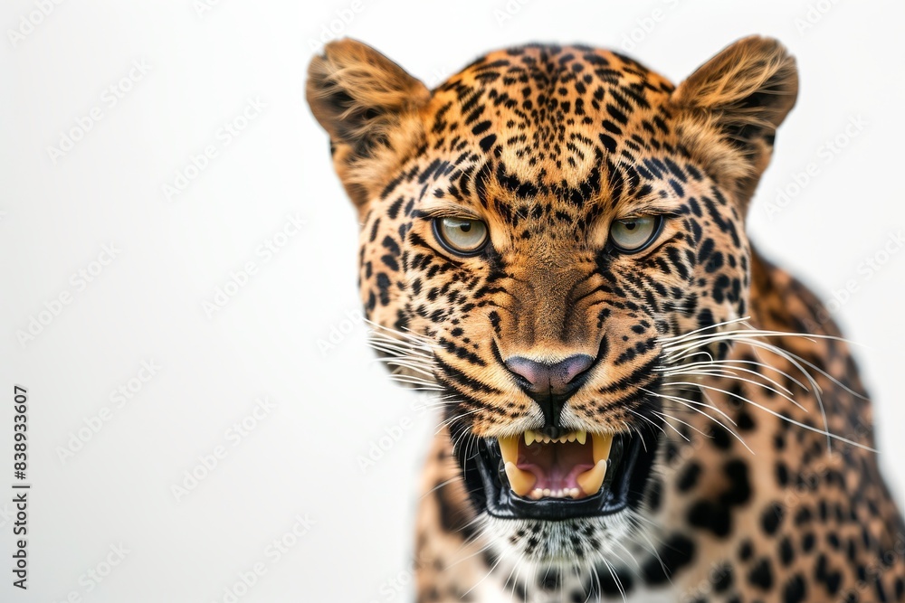 Mystic portrait of African Leopard in studio, copy space on right side, Anger, Menacing, Headshot, Close-up View Isolated on white background Mystic portrait of African Leopard in studio, copy space on right side, Anger, Menacing, Headshot, Close-up View Isolated on white background