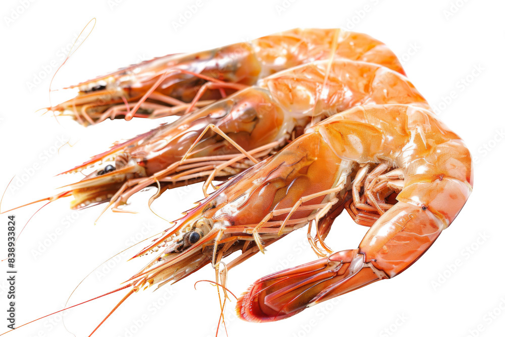 Three shrimp are shown on a white background Three shrimp are shown on a white background