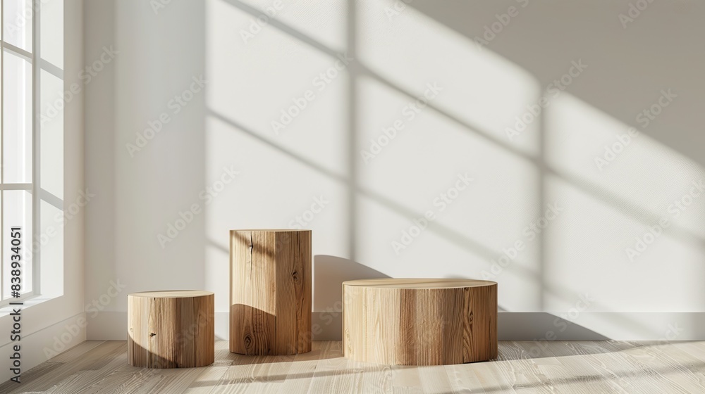 Three wooden podiums sit in front of white walls, casting shadows on the floor. The room is light and airy, with sunlight coming in through the windows Three wooden podiums sit in front of white walls, casting shadows on the floor. The room is light and airy, with sunlight coming in through the windows