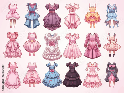 Anime manga cartoon girl characters dress feminine for animation, motion graphic. Parts of body, eight emotions, many parts of hands. Cute character set clothes costume