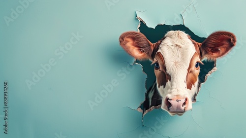 cute cow coming through crack hole in solid color background with copy space  photo