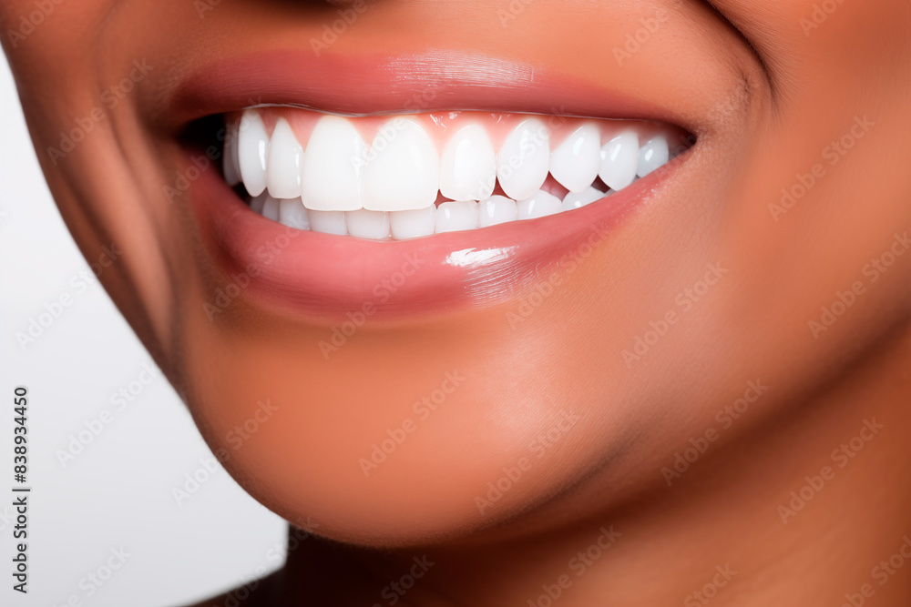 Obraz premium Close up shot of an African-American woman's smile with white healthy teeth. Dental care. Dentistry concept.