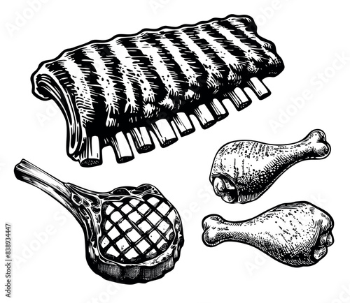 Simple hand drawn line of set grilled meat. Vector illustration