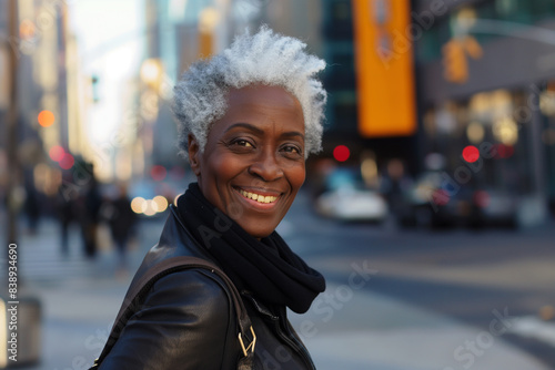 Attractive smiling white-haired black mature woman standing on the street