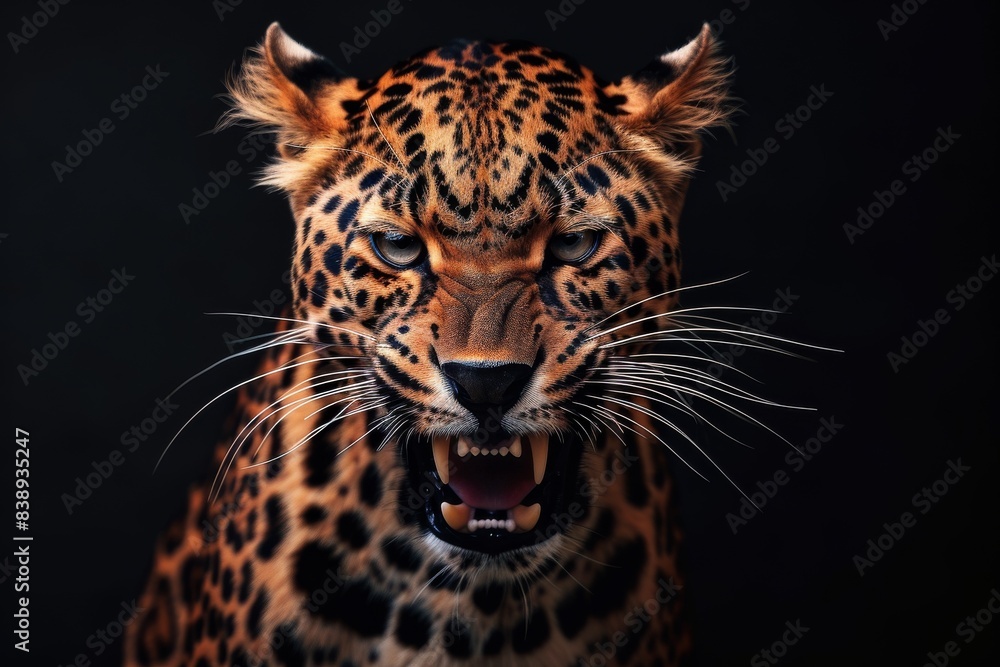 Naklejka premium Mystic portrait of African Leopard in studio, copy space on right side, Anger, Menacing, Headshot, Close-up View Isolated on black background