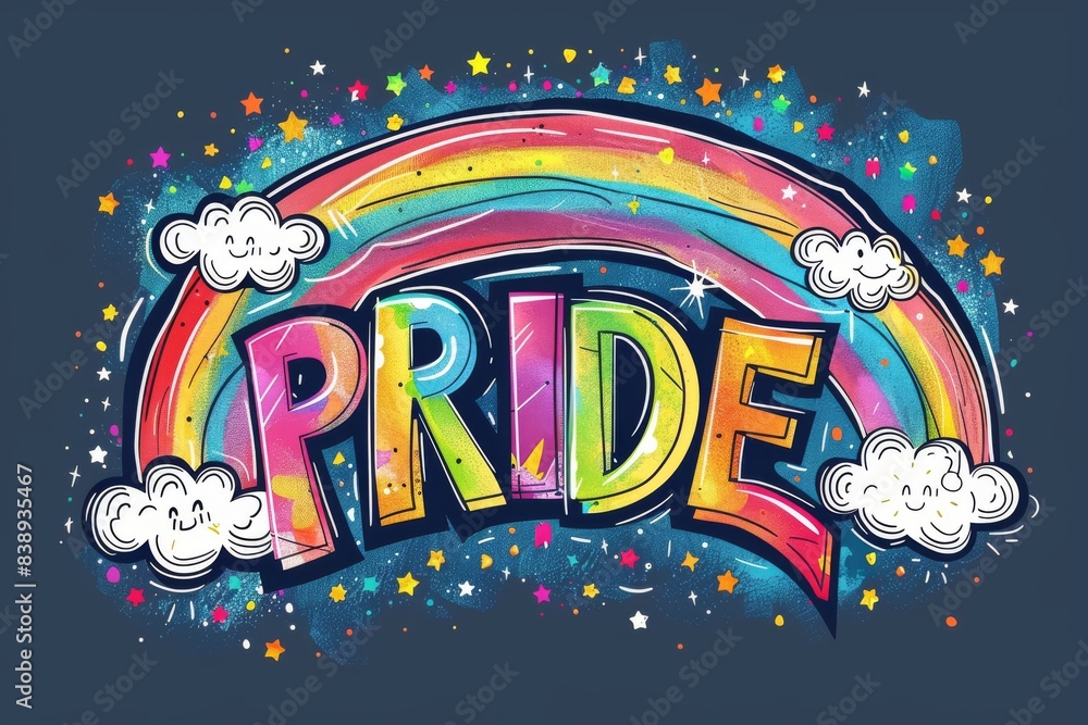 Fototapeta premium Night sky rainbow Pride illustration with vibrant colors and stars, symbolizing LGBTQ+ inclusivity and joy in a bold, dynamic design.