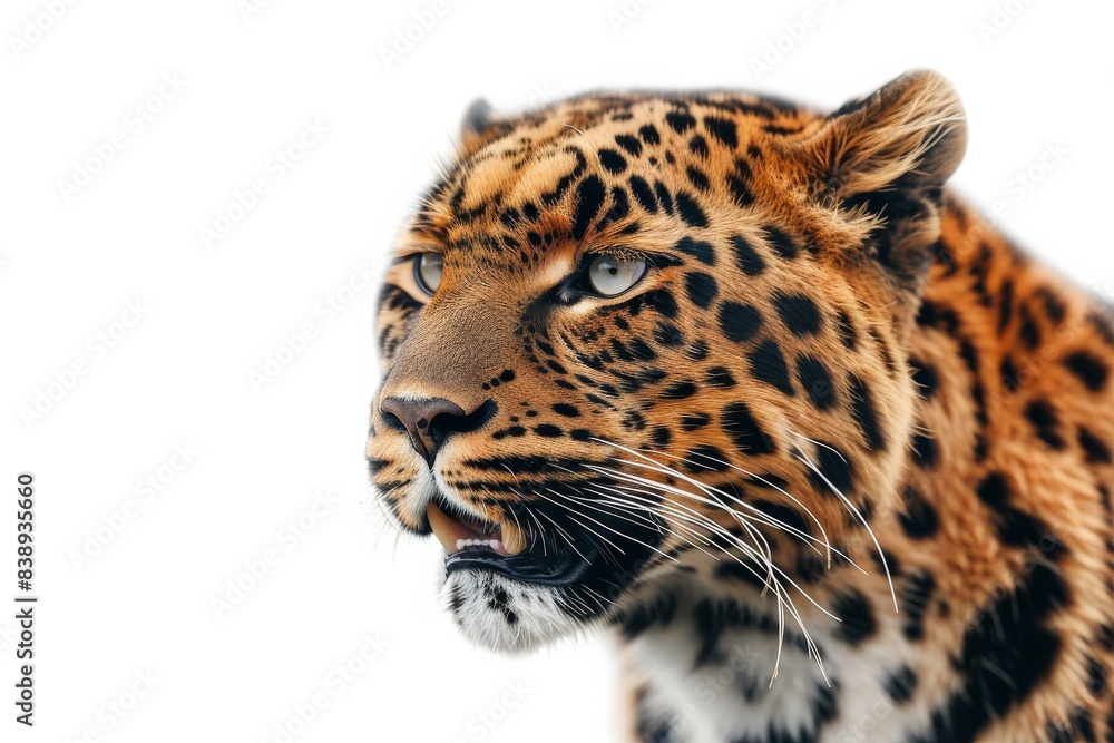 Obraz premium Mystic portrait of Amur Leopard in studio, copy space on right side, Anger, Menacing, Headshot, Close-up View Isolated on white background