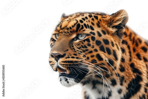 Mystic portrait of Amur Leopard in studio, copy space on right side, Anger, Menacing, Headshot, Close-up View Isolated on white background © Tebha Workspace