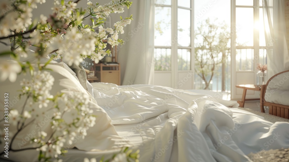 A serene bedroom, white linens, floral accents, near an open balcony with spring flowers. The background shows light wooden furniture, soft rugs, and a gentle breeze flowing through. Morning sunlight A serene bedroom, white linens, floral accents, near an open balcony with spring flowers. The background shows light wooden furniture, soft rugs, and a gentle breeze flowing through. Morning sunlight