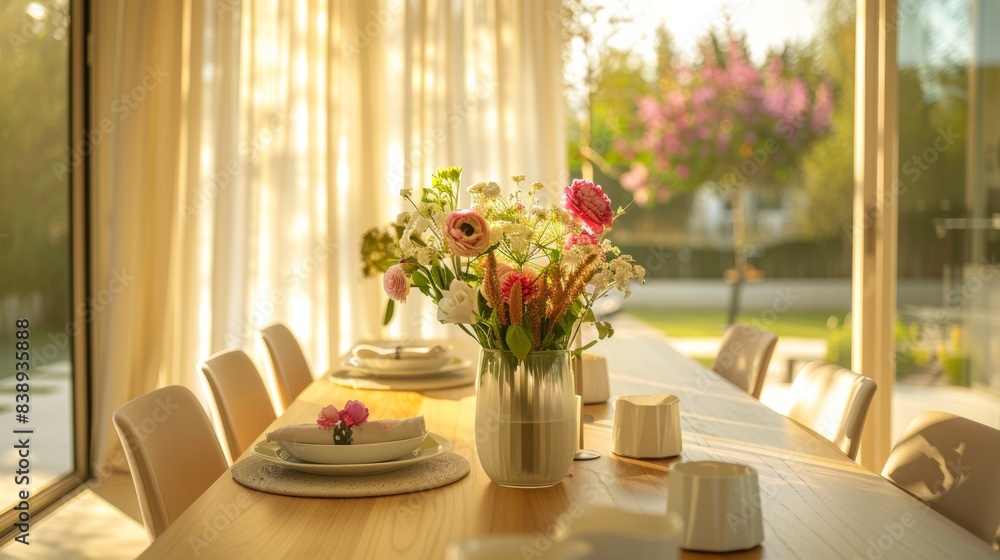 A modern dining room, elegant table setting with fresh flowers, light-colored chairs, near floor-to-ceiling windows. The background includes a view of a blooming garden, soft curtains, and bright, A modern dining room, elegant table setting with fresh flowers, light-colored chairs, near floor-to-ceiling windows. The background includes a view of a blooming garden, soft curtains, and bright,