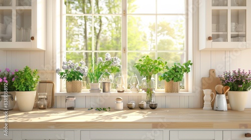A charming kitchen, light-colored cabinets, fresh herbs and flowers on the counter, near a window with a spring view. The background features clean lines, rustic elements, and a bright, open space.
