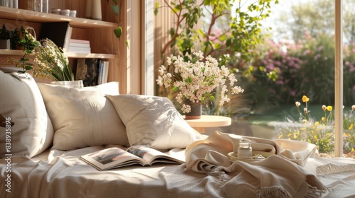 A cozy reading nook, soft cushions, light-colored throw blankets, fresh flowers on a small table, near a large window. The background features a view of a spring garden, light wooden shelves, and
