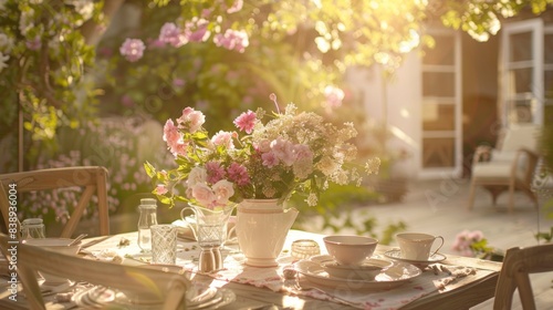 A charming scene of outdoor dining, an elegantly set table with spring flowers, near a garden with blooming plants. The background includes light wooden furniture, a soft breeze moving the leaves,