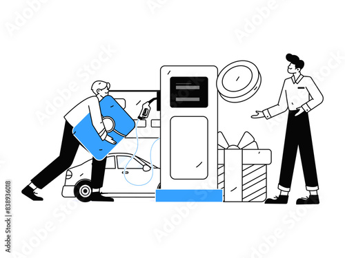 Vector Internet operation hand-drawn illustration of people getting discounts for refueling their cars
