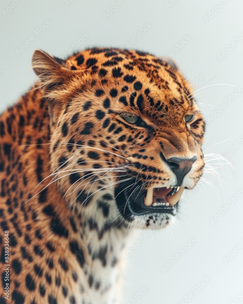 Fototapeta premium Mystic portrait of Asian Leopard , copy space on right side, Anger, Menacing, Headshot, Close-up View Isolated on white background