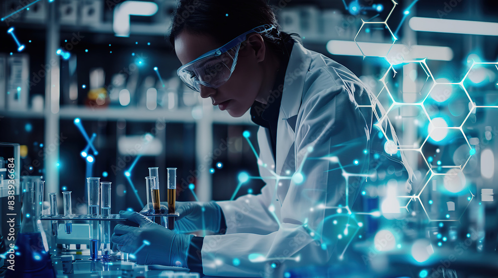 A scientist in a lab coat and goggles working with test tubes, surrounded by glowing hexagons of data and science symbols A scientist in a lab coat and goggles working with test tubes, surrounded by glowing hexagons of data and science symbols
