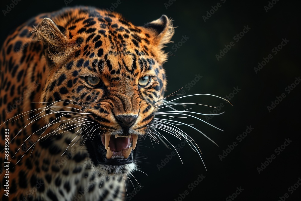 Mystic portrait of Asian Leopard in studio, copy space on right side, Anger, Menacing, Headshot, Close-up View Isolated on black background Mystic portrait of Asian Leopard in studio, copy space on right side, Anger, Menacing, Headshot, Close-up View Isolated on black background