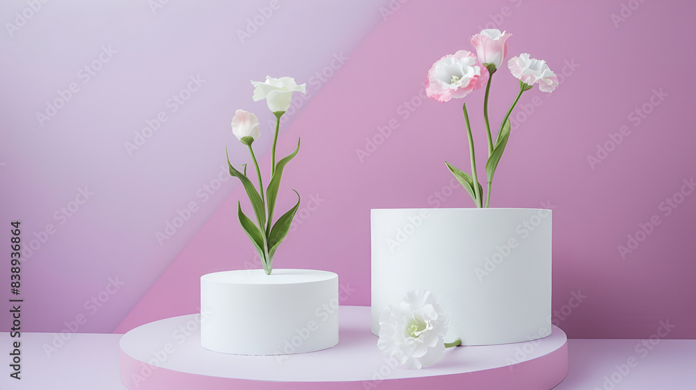 Decorative plaster podiums and beautiful orchid flowers on beige table against lilac background3d rendering of white flower in vase on podium for cosmetic product display
Decorative plaster podiums and beautiful orchid flowers on beige table against lilac background3d rendering of white flower in vase on podium for cosmetic product display