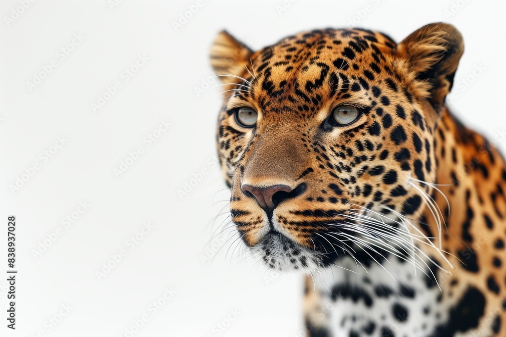 Mystic portrait of Asian Leopard in studio, copy space on right side, Anger, Menacing, Headshot, Close-up View Isolated on white background Mystic portrait of Asian Leopard in studio, copy space on right side, Anger, Menacing, Headshot, Close-up View Isolated on white background