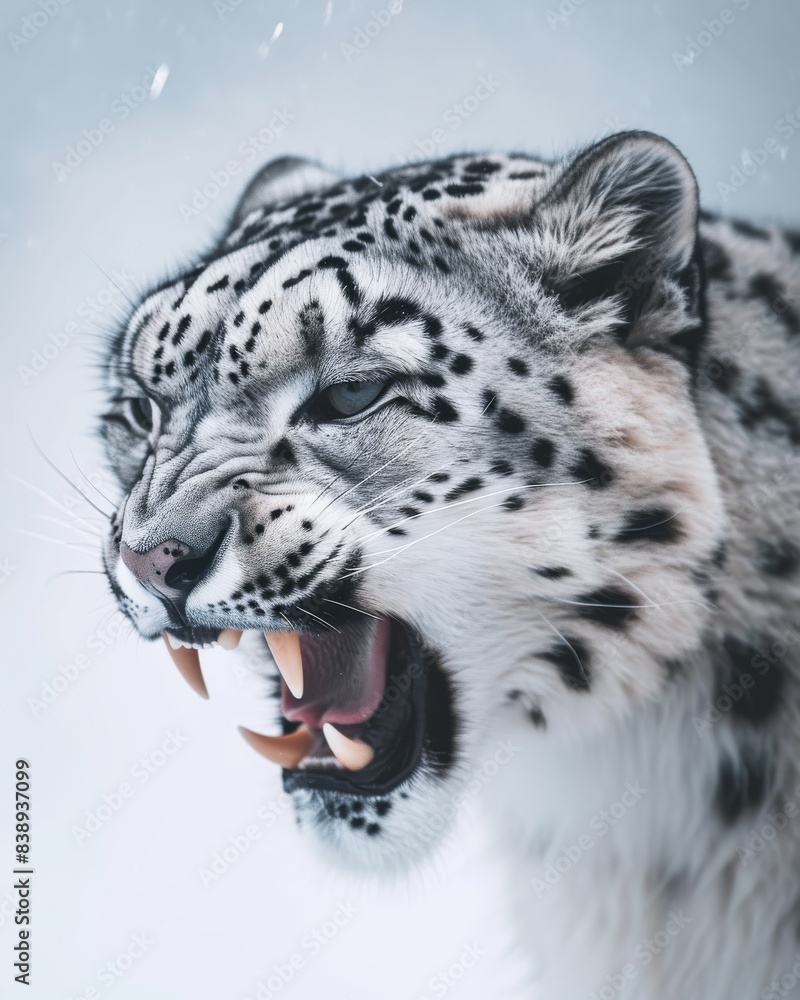 Mystic portrait of Snow Leopard, copy space on right side, Anger, Menacing, Headshot, Close-up View Isolated on white background Mystic portrait of Snow Leopard, copy space on right side, Anger, Menacing, Headshot, Close-up View Isolated on white background