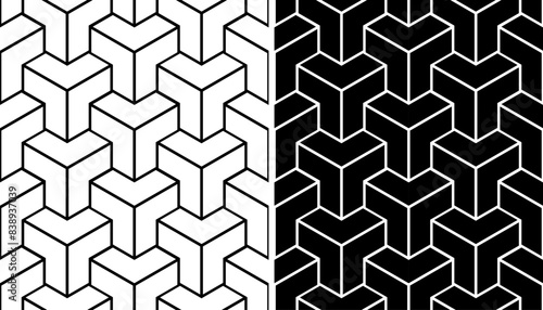 3D Illusion in Seamless Geometric Black and White Op Art Patterns Set. 