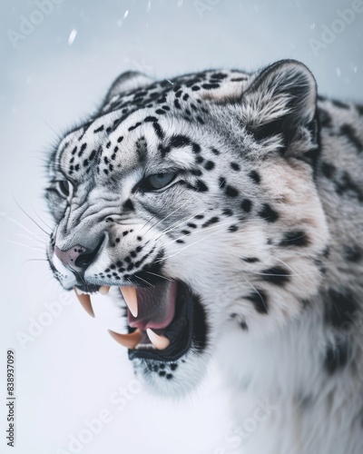 Mystic portrait of Snow Leopard  copy space on right side  Anger  Menacing  Headshot  Close-up View Isolated on white background