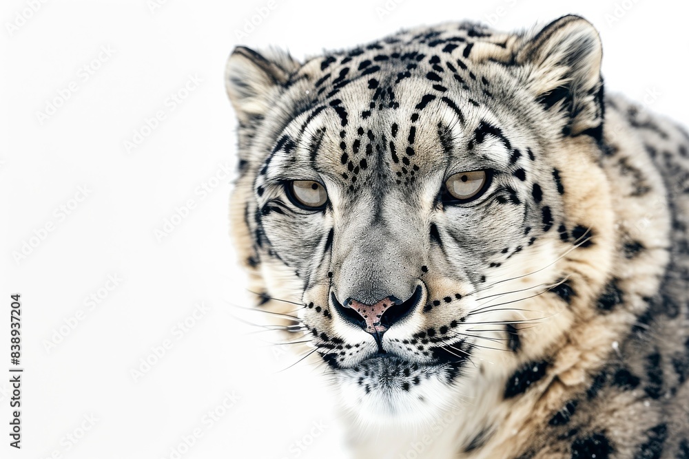 Mystic portrait of Snow Leopard in studio, copy space on right side, Anger, Menacing, Headshot, Close-up View Isolated on white background Mystic portrait of Snow Leopard in studio, copy space on right side, Anger, Menacing, Headshot, Close-up View Isolated on white background