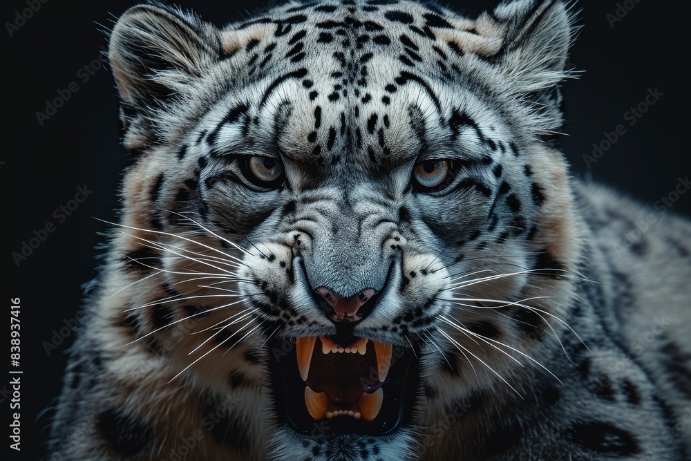 Mystic portrait of Snow Leopard in studio, copy space on right side, Anger, Menacing, Headshot, Close-up View Isolated on black background Mystic portrait of Snow Leopard in studio, copy space on right side, Anger, Menacing, Headshot, Close-up View Isolated on black background