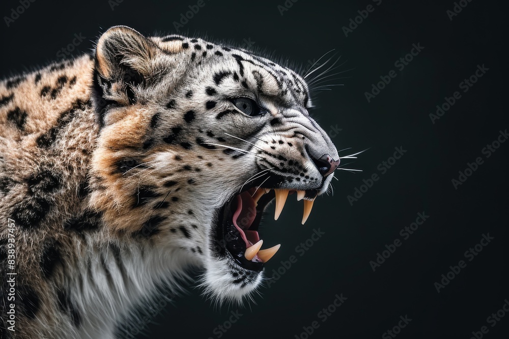 Mystic portrait of Snow Leopard in studio, copy space on right side, Anger, Menacing, Headshot, Close-up View Isolated on black background Mystic portrait of Snow Leopard in studio, copy space on right side, Anger, Menacing, Headshot, Close-up View Isolated on black background
