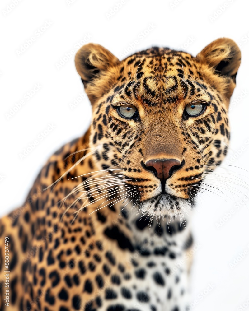 the African Leopard, portrait view, white copy space on right Isolated on white background the African Leopard, portrait view, white copy space on right Isolated on white background