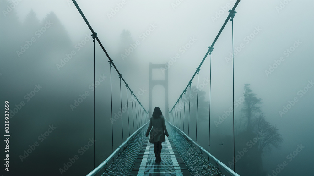 Obraz premium A woman in a cloak walks alone on a suspension bridge surrounded by thick fog, creating a mysterious and ethereal atmosphere.