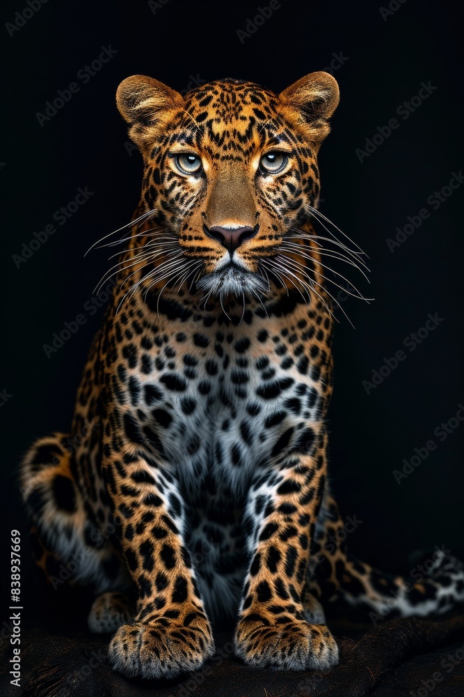 Obraz premium the African Leopard, portrait view, white copy space on right Isolated on black background