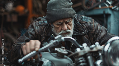 An elderly man in a cap and leather jacket works on a motorcycle engine, intensely focused on the task at hand.