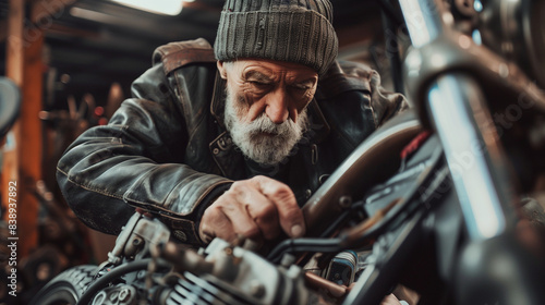 An elderly man in a cap and leather jacket works on a motorcycle engine, intensely focused on the task at hand. © Sawyer0