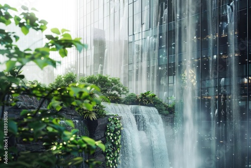 A seamless blend of a modern high-rise building and a cascading waterfall, where architecture and nature merge in a harmonious display. © Shahjahan