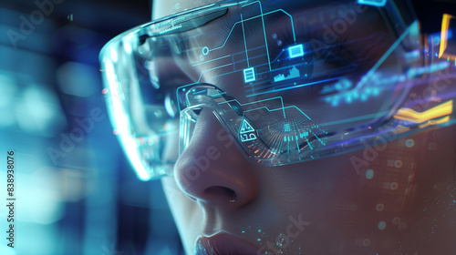 Wallpaper Mural A person wearing augmented reality glasses where digital interfaces are visible in the reflections, showcasing advanced technology and innovation. Torontodigital.ca