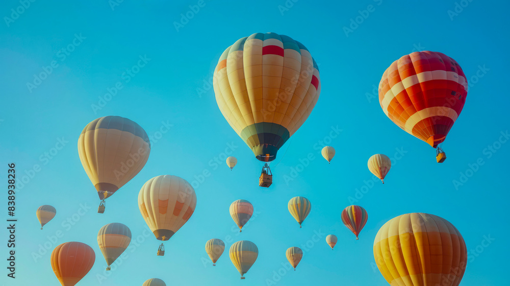 Adventure through the sunroof: a myriad of hot air balloons floating in a clear blue sky, freedom embodied Adventure through the sunroof: a myriad of hot air balloons floating in a clear blue sky, freedom embodied