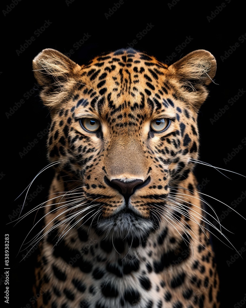 the African Leopard, portrait view, white copy space on right Isolated on black background the African Leopard, portrait view, white copy space on right Isolated on black background