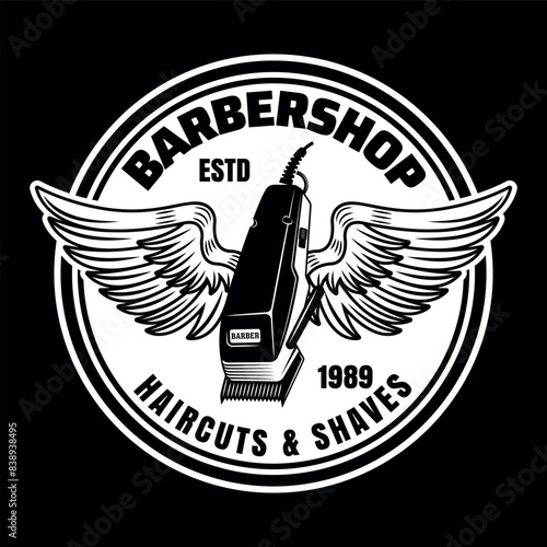 Barbershop emblem, label, badge or logo, hair clipper with wings illustration on dark background